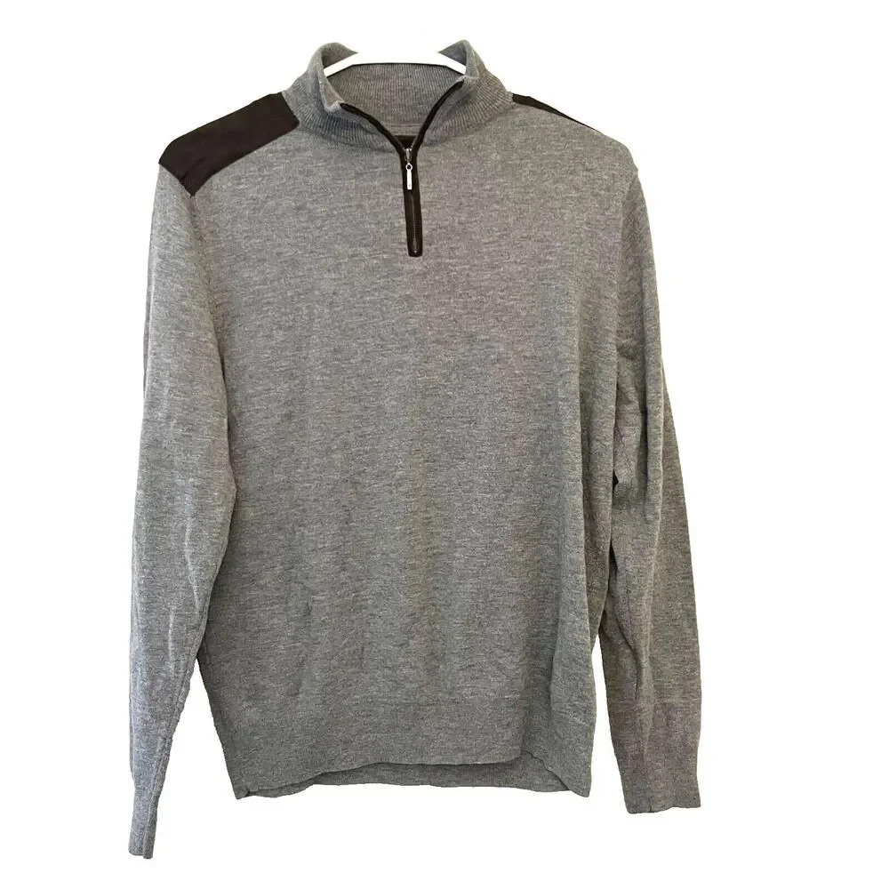 Thomas Parker NY Gray Patch Brown Wool Sweater M 1/4 Zip Long Sleeve Preppy